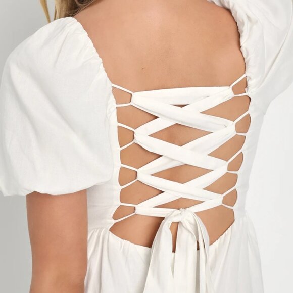 Lulus Favorite Cutie White Linen Lace-Up Midi Dress With Pockets Size Large - Picture 5 of 6